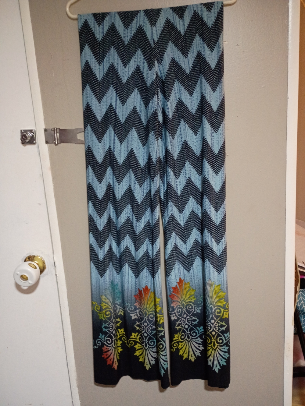 Adrienne Blue and Black Chevron Wide-Leg Leggings with Multicolor Floral Hem
